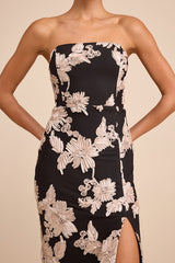 Kattalin Black Floral Applique Strapless Midi Dress