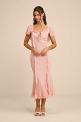 Aviara Light Pink Lace Ruffled Flutter Sleeve Midi Dress