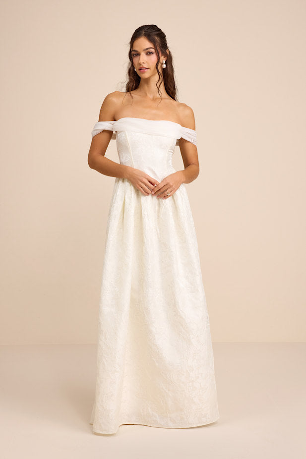 Everglow Ivory Jacquard Off-the-Shoulder Basque Waist Maxi Dress