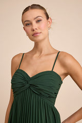 Jolette Emerald Pleated Knot-Front Maxi Dress