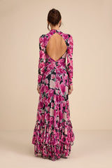 Emilina Black and Magenta Floral Mock Neck Maxi Dress