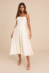 Aspen Ivory Plisse Strapless Bustier Midi Dress