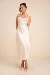 Lange Ivory Satin Applique Slip Midi Dress