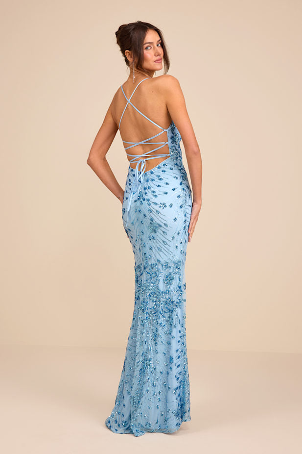 Photo Finish Light Blue Sequin Lace-Up Maxi Dress