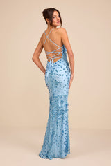 Photo Finish Light Blue Sequin Lace-Up Maxi Dress