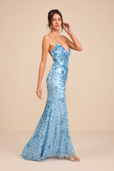 Photo Finish Light Blue Sequin Lace-Up Maxi Dress