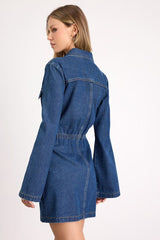 Amita Medium Wash Button-Front Bell Sleeve Mini Dress