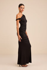 Oriella Black Asymmetrical Ruched Mermaid Maxi Dress