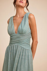 Evaluna Sage Green Abstract Print Lurex Pleated Maxi Dress