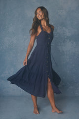 See the City Blue Button-Front Tiered Midi Dress
