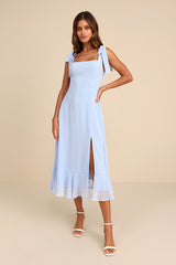 Summer Invite Light Blue Tie-Strap Tiered Midi Dress