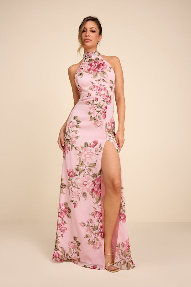 Captured Your Heart Light Pink Floral Halter Maxi Dress