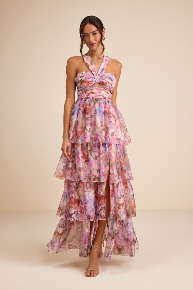 Dayanara Pink Multi Floral Organza Tiered Maxi Dress