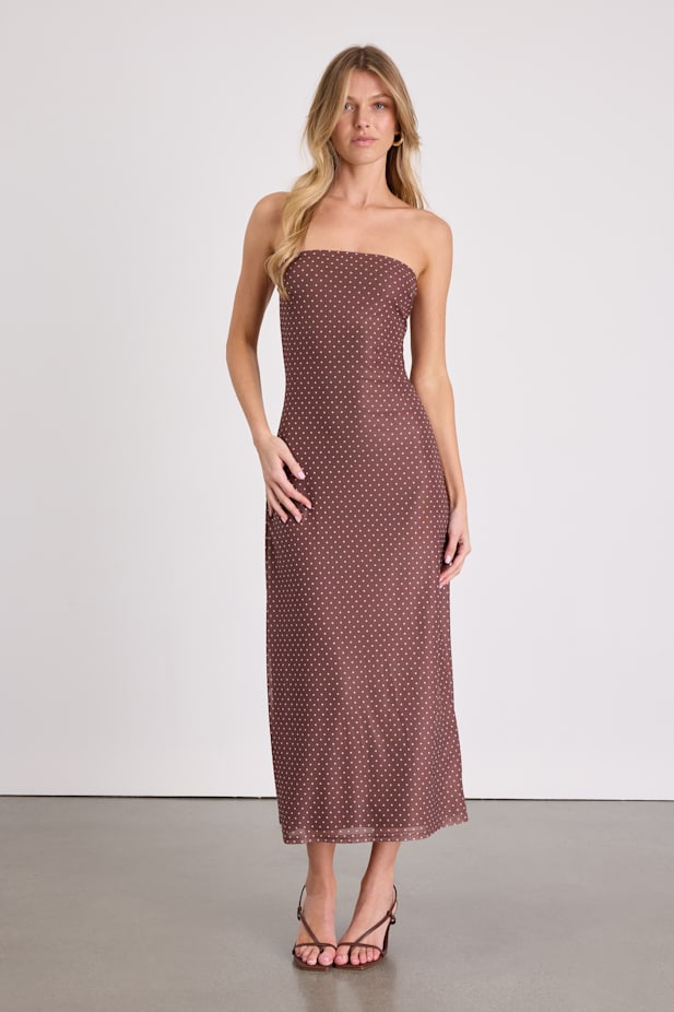 Jaylah Brown Polka Dot Mesh Strapless Midi Dress