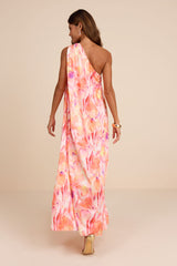 Goddess Aura Orange Multi Floral Satin One-Shoulder Maxi Dress