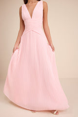 Kelina Light Pink Pleated Drop Waist Maxi Dress