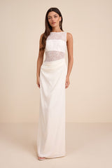 Akasha White Sheer Lace Mixed-Media Maxi Dress