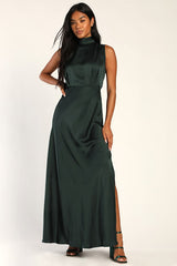 Classic Elegance Green Satin Sleeveless Mock Neck Maxi Dress