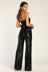 Flirty Moves Black Sequin Strapless Wide-Leg Jumpsuit