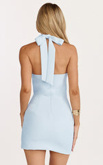 Karina Mini Dress - Halter Neck Princess Panel Tucked Waist Dress in Blue